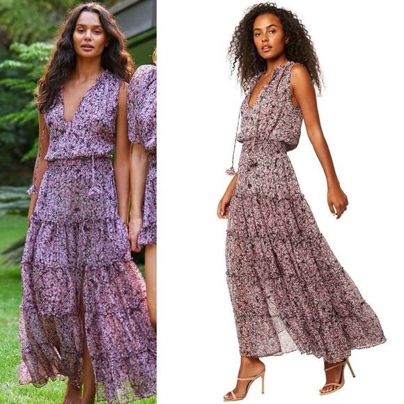 Misa Los Angeles Floral Hollen Maxi Dress Synched Waist Pink/White Size Medium - Picture 1 of 9